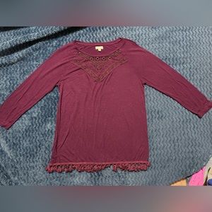 Charming Charlie Plum Tassel 3/4 Sleeve Blouse